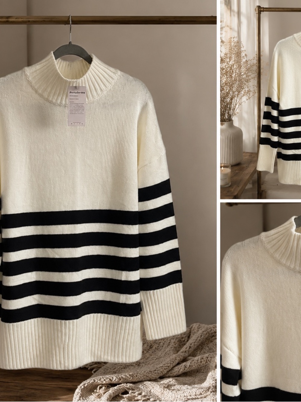Cozy Striped Mock Neck Sweater - Cream & Black